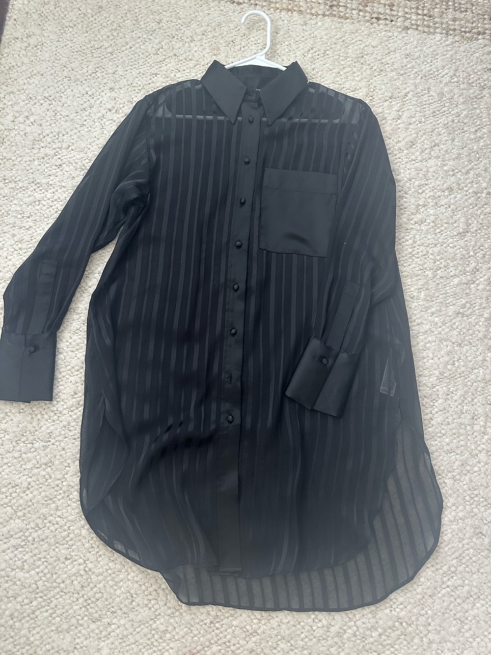 Zara Black Sheer Stripe Longline Button-Down Shirt